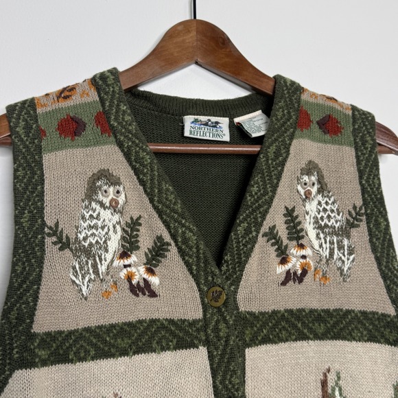 Northern Reflections Vest Women M Green Woodland Owl Sweater Earthy Fall Teacher - Picture 2 of 9
